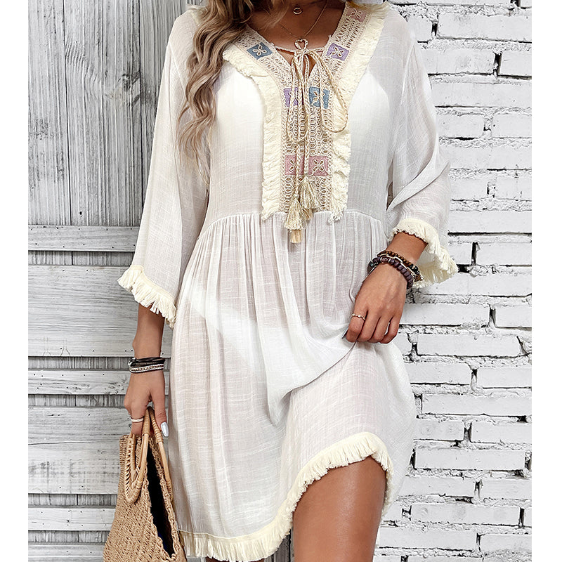 Women Clothing Holiday Neckline Lace Decorative Beach Blouse Holiday Sun Protection Loose Blouse Crochet hook Bella Mia