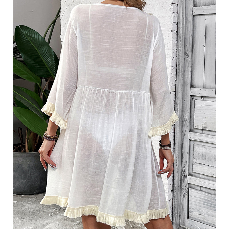 Women Clothing Holiday Neckline Lace Decorative Beach Blouse Holiday Sun Protection Loose Blouse Crochet hook Bella Mia