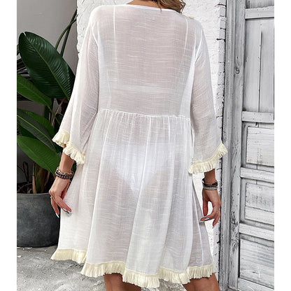 Women Clothing Holiday Neckline Lace Decorative Beach Blouse Holiday Sun Protection Loose Blouse Crochet hook