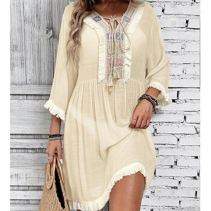 Women Clothing Holiday Neckline Lace Decorative Beach Blouse Holiday Sun Protection Loose Blouse Crochet hook Bella Mia