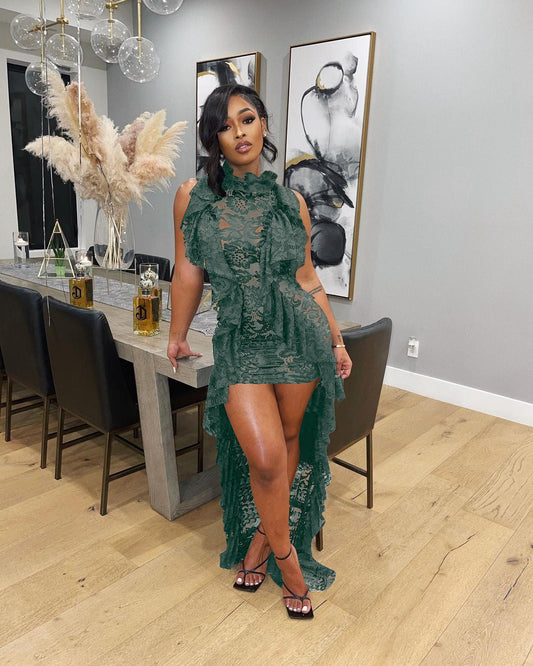 Women Clothing Sleeveless Lace Ruffled Collar Irregular Asymmetric Mop Dress Bella Mia