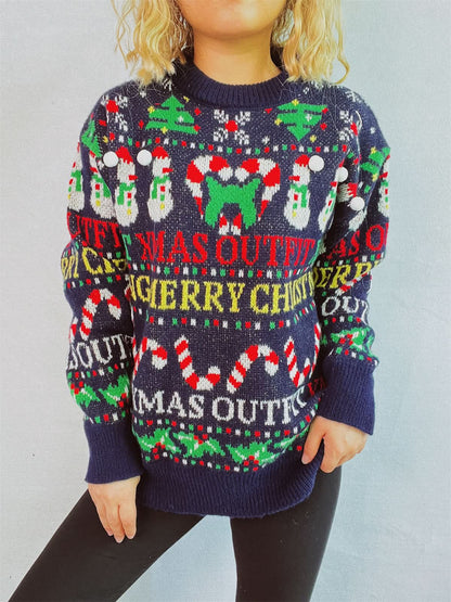 Festive Christmas print long sleeve sweater with round neck