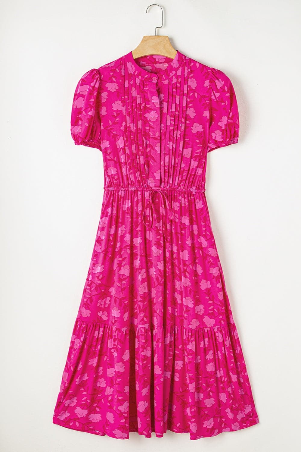 Drawstring Printed Short Sleeve Midi Dress.