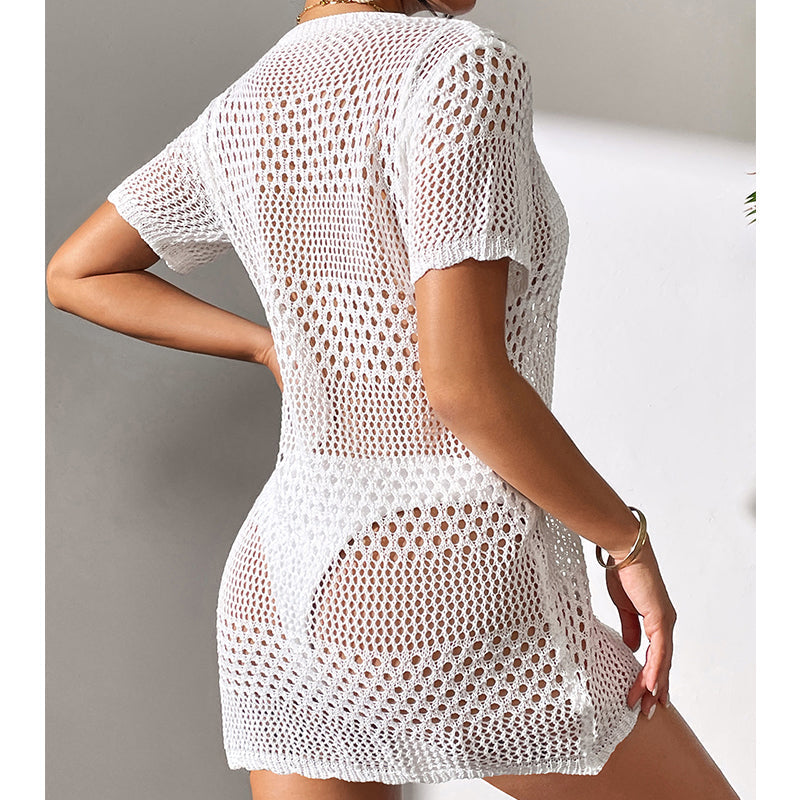 Women Clothes Sexy Cutout Short Sleeve Casual Bikini Cover Up Swimsuit Blouse Beach Sun Protection Shirt Crochet hook Bella Mia