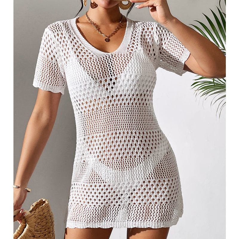 Women Clothes Sexy Cutout Short Sleeve Casual Bikini Cover Up Swimsuit Blouse Beach Sun Protection Shirt Crochet hook Bella Mia