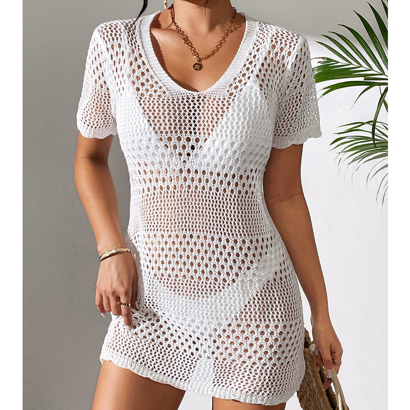 Women Clothes Sexy Cutout Short Sleeve Casual Bikini Cover Up Swimsuit Blouse Beach Sun Protection Shirt Crochet hook Bella Mia