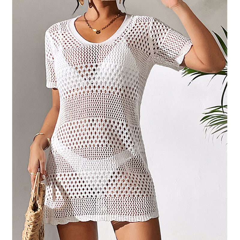 Women Clothes Sexy Cutout Short Sleeve Casual Bikini Cover Up Swimsuit Blouse Beach Sun Protection Shirt Crochet hook Bella Mia