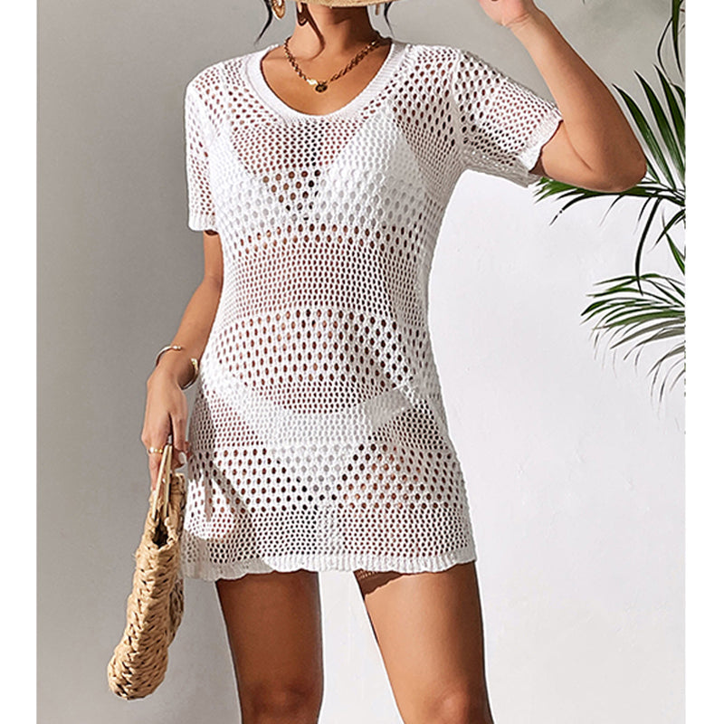 Women Clothes Sexy Cutout Short Sleeve Casual Bikini Cover Up Swimsuit Blouse Beach Sun Protection Shirt Crochet hook Bella Mia