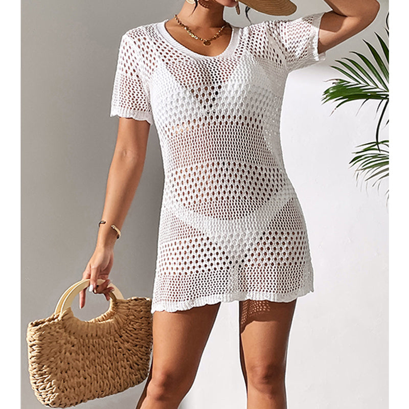 Women Clothes Sexy Cutout Short Sleeve Casual Bikini Cover Up Swimsuit Blouse Beach Sun Protection Shirt Crochet hook Bella Mia