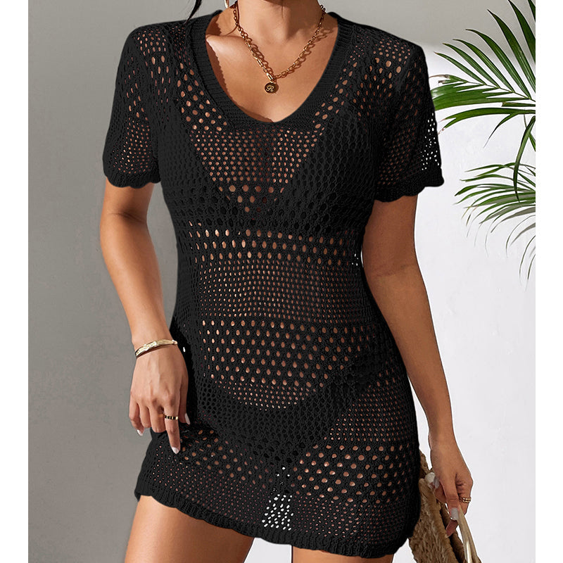 Women Clothes Sexy Cutout Short Sleeve Casual Bikini Cover Up Swimsuit Blouse Beach Sun Protection Shirt Crochet hook Bella Mia