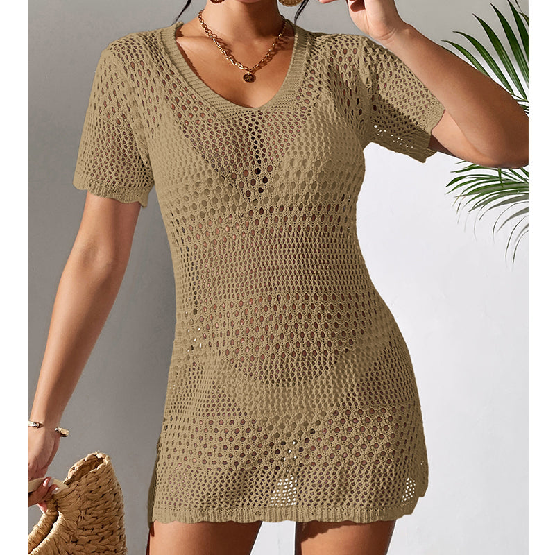 Women Clothes Sexy Cutout Short Sleeve Casual Bikini Cover Up Swimsuit Blouse Beach Sun Protection Shirt Crochet hook Bella Mia