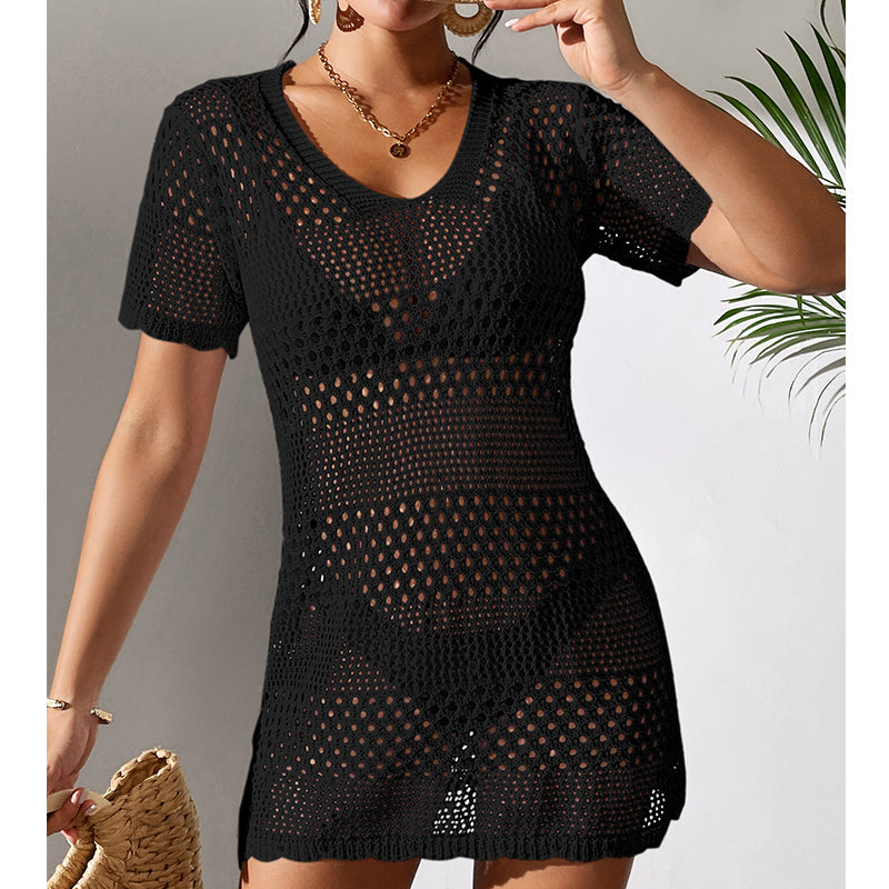 Women Clothes Sexy Cutout Short Sleeve Casual Bikini Cover Up Swimsuit Blouse Beach Sun Protection Shirt Crochet hook Bella Mia