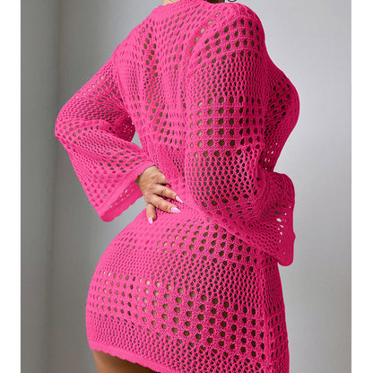 Vacation Casual Hollow Out Cutout Out Long Sleeve Pullover Solid Color Sun Protection Shirt Mid Length Beach Cover Up Crochet hook
