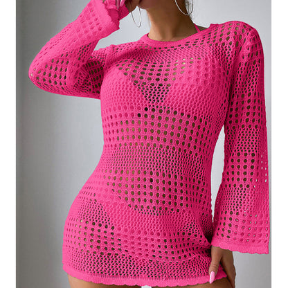 Vacation Casual Hollow Out Cutout Out Long Sleeve Pullover Solid Color Sun Protection Shirt Mid Length Beach Cover Up Crochet hook