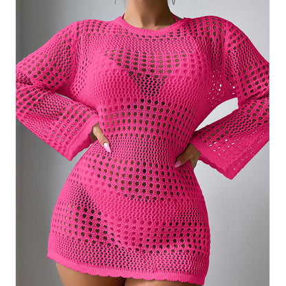 Vacation Casual Hollow Out Cutout Out Long Sleeve Pullover Solid Color Sun Protection Shirt Mid Length Beach Cover Up Crochet hook