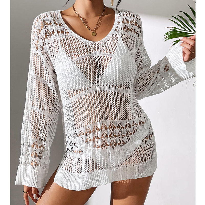 Holiday Sexy Hollow Out Cutout Texture Loose Pullover Sun Protection Shirt Mid Length Beach Blouse Crochet hook Bella Mia
