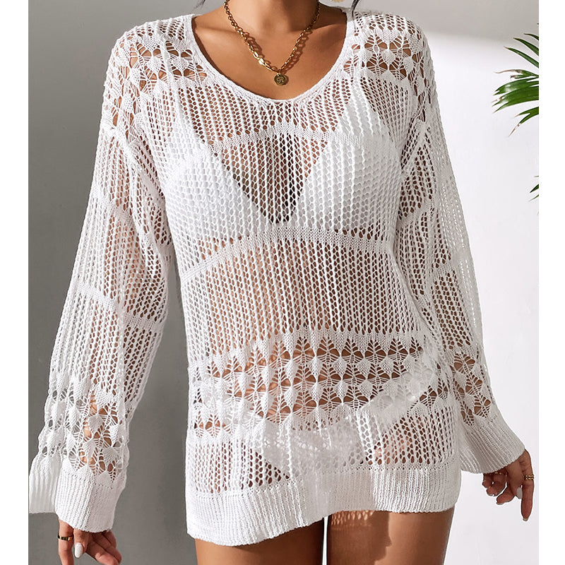 Holiday Sexy Hollow Out Cutout Texture Loose Pullover Sun Protection Shirt Mid Length Beach Blouse Crochet hook Bella Mia
