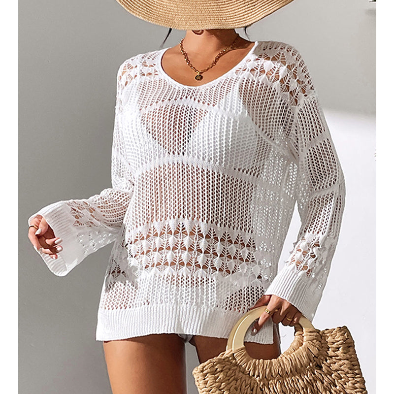 Holiday Sexy Hollow Out Cutout Texture Loose Pullover Sun Protection Shirt Mid Length Beach Blouse Crochet hook Bella Mia