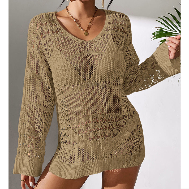 Holiday Sexy Hollow Out Cutout Texture Loose Pullover Sun Protection Shirt Mid Length Beach Blouse Crochet hook