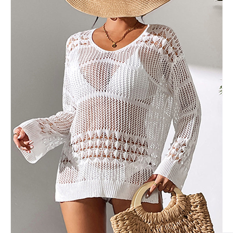 Holiday Sexy Hollow Out Cutout Texture Loose Pullover Sun Protection Shirt Mid Length Beach Blouse Crochet hook Bella Mia