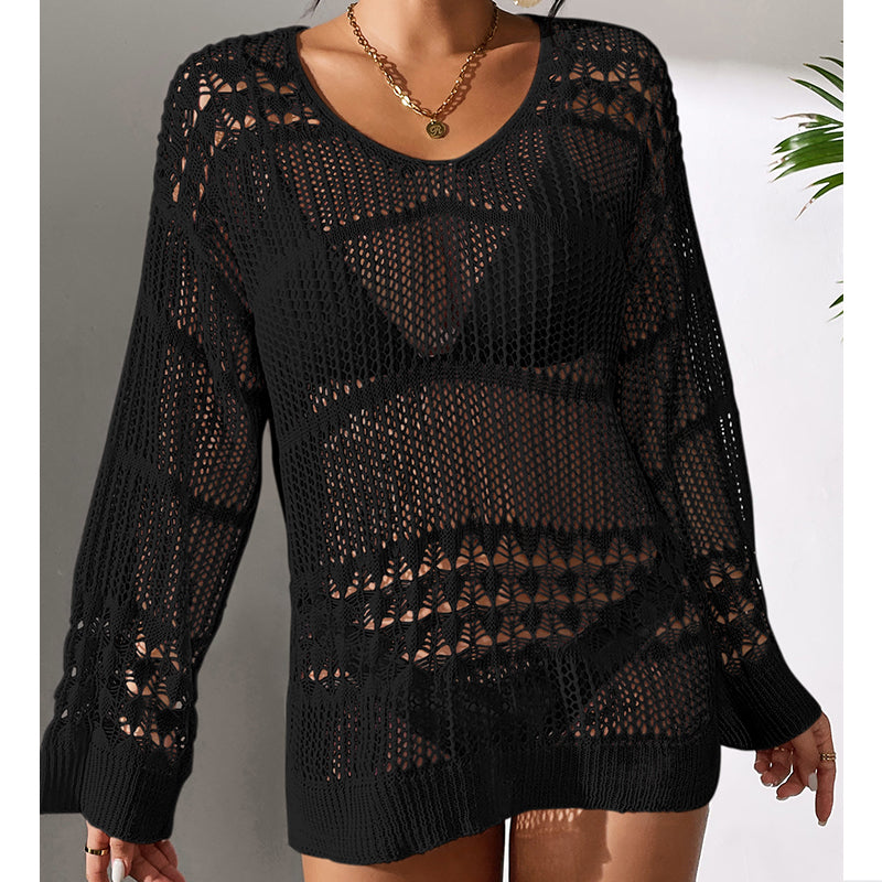 Holiday Sexy Hollow Out Cutout Texture Loose Pullover Sun Protection Shirt Mid Length Beach Blouse Crochet hook
