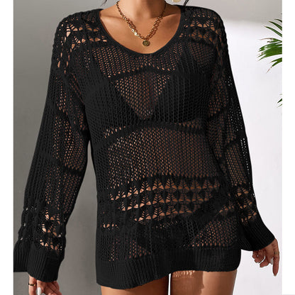 Holiday Sexy Hollow Out Cutout Texture Loose Pullover Sun Protection Shirt Mid Length Beach Blouse Crochet hook
