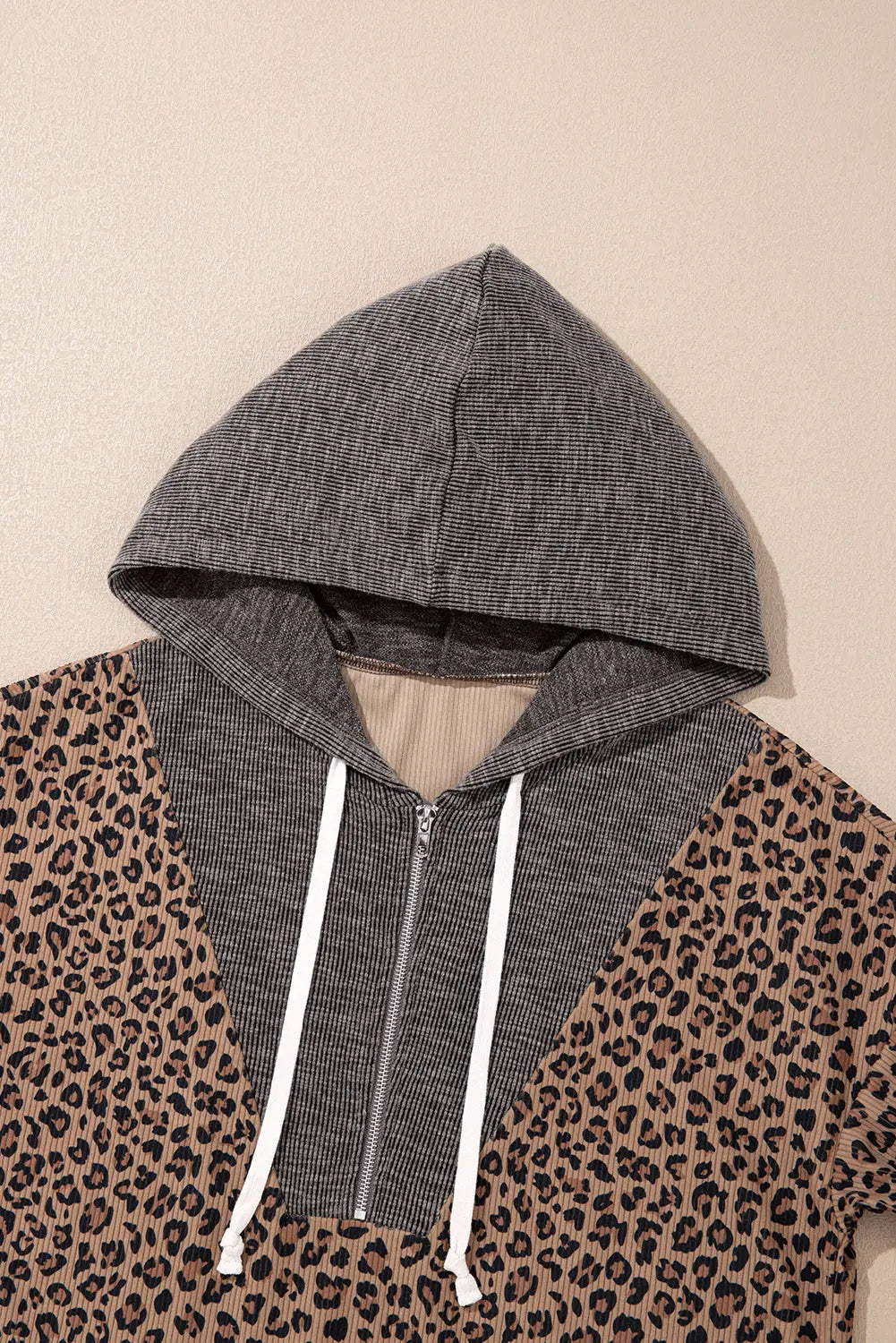 Khaki Ribbed Leopard Print Contrast Collar Zip Hooded Pullover Sweatshirt Dear-Lover Dropshipping