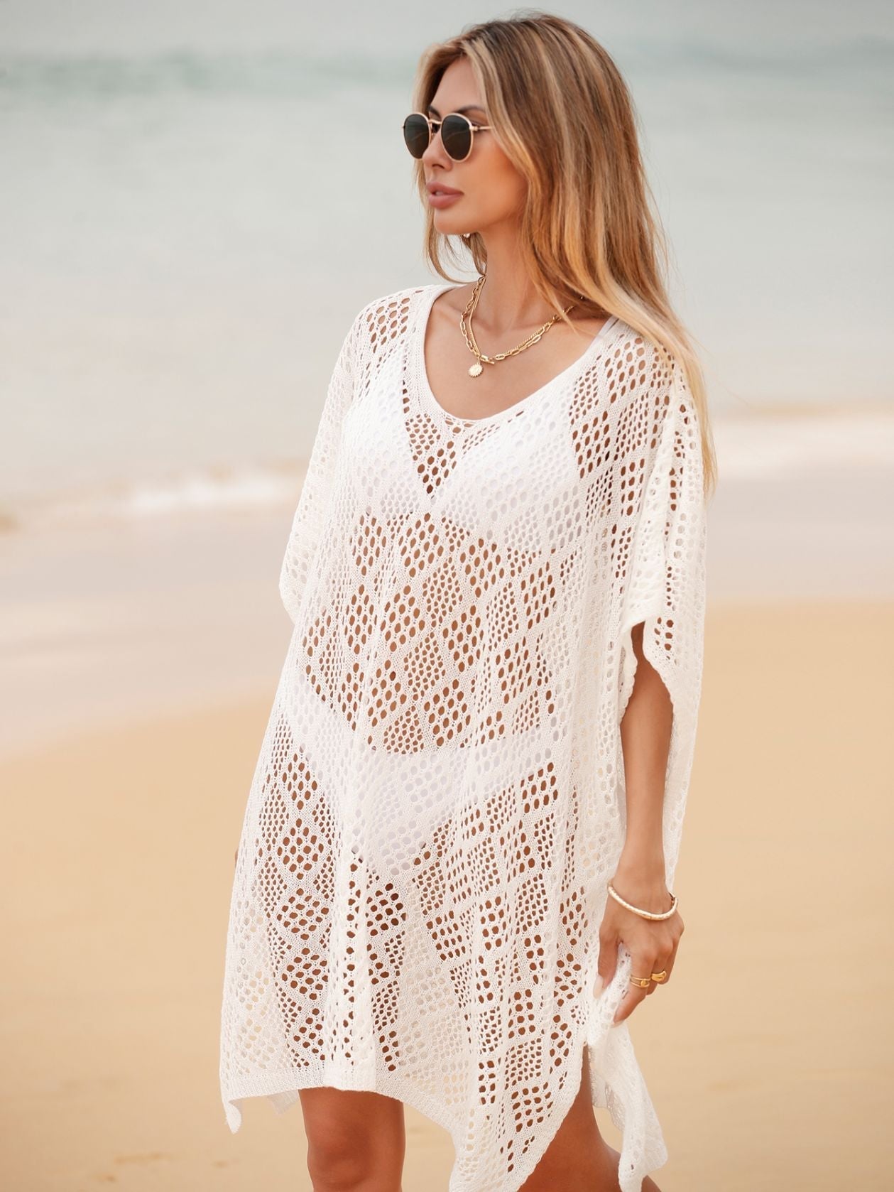 Beach Beach Cover Up Shawl Coat Sun Protection Shirt Hollow Out Cutout Loose Beach Dress for Women Bella Mia