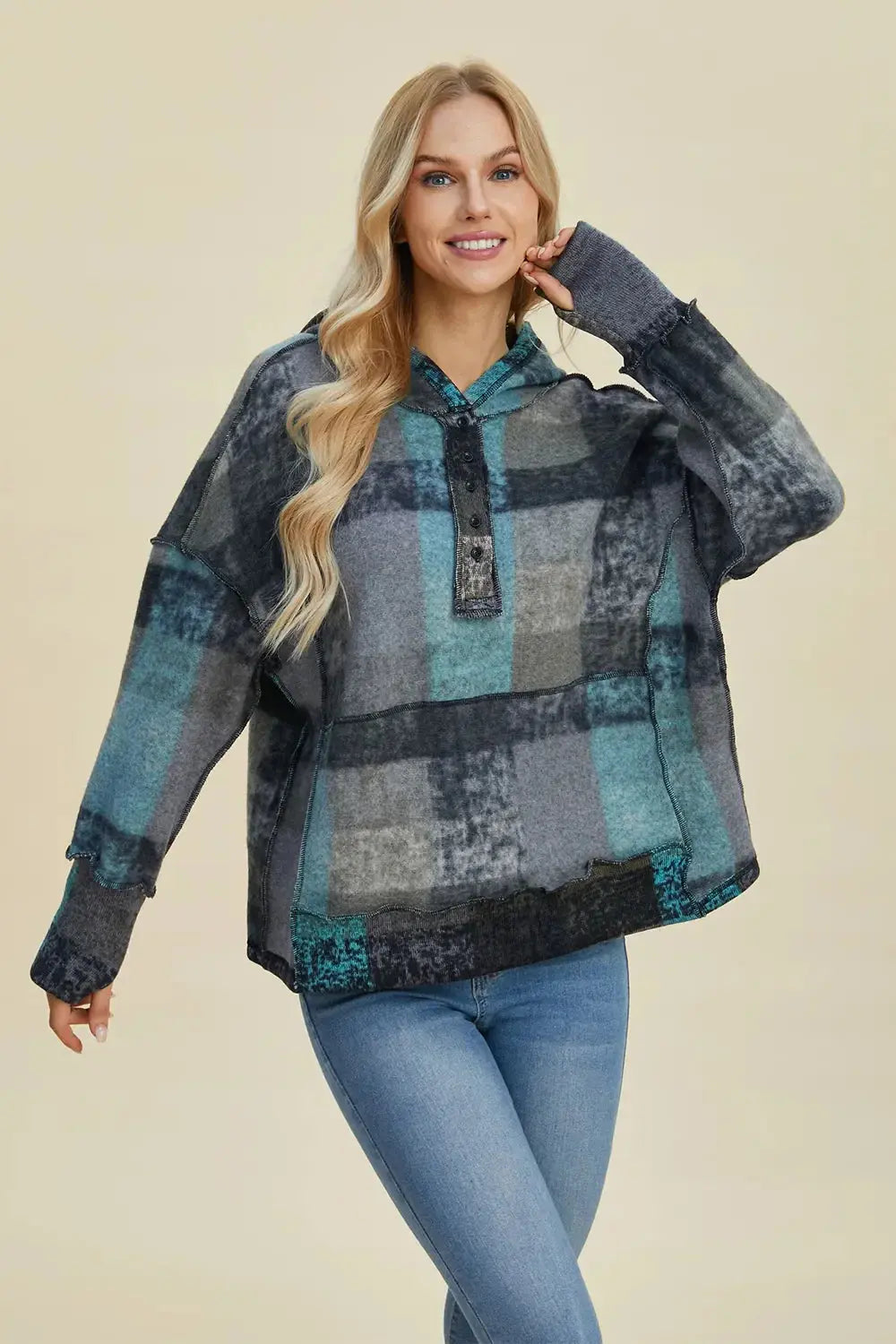 Double Take Full Size Plaid Dropped Shoulder Fleece Hoodie - Love Salve