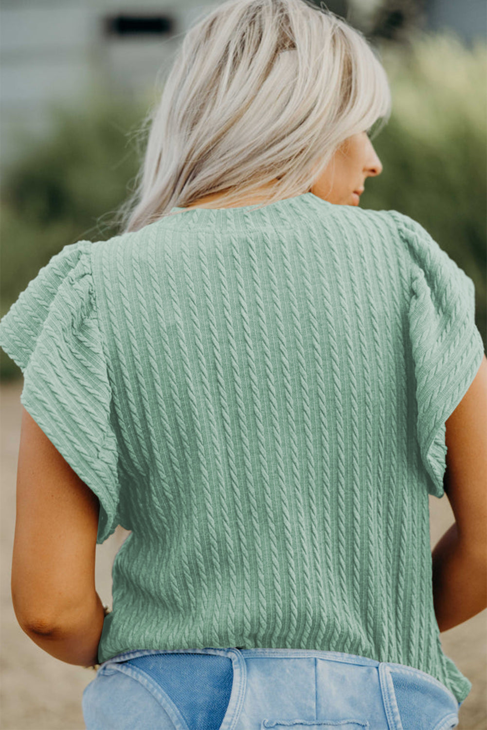 Moonlight Jade Solid Color Textured Flutter Sleeve Top for Women