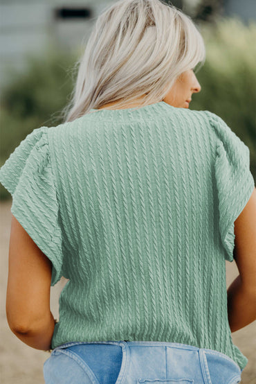 Moonlight Jade Solid Color Textured Flutter Sleeve Top for Women