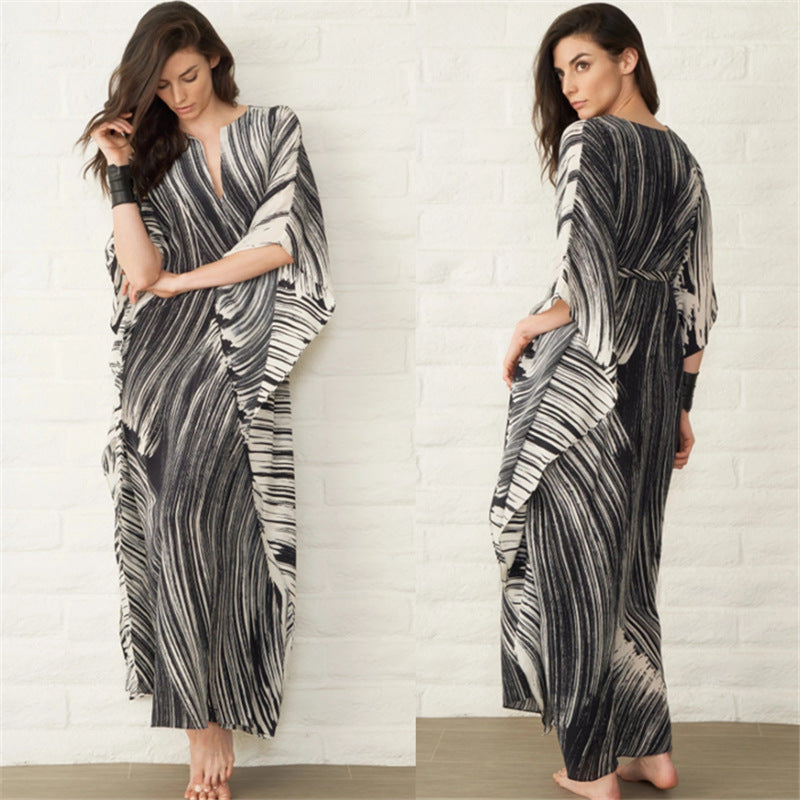 Black Line Printing Beach Cover-up Loose Maxi Dress Bikini Cover Bella Mia