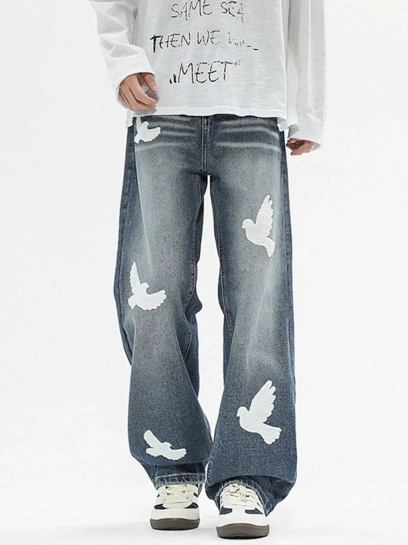 Men's Baggy Denim Jeans With Dove Applique Patches Plus Size Simply Love