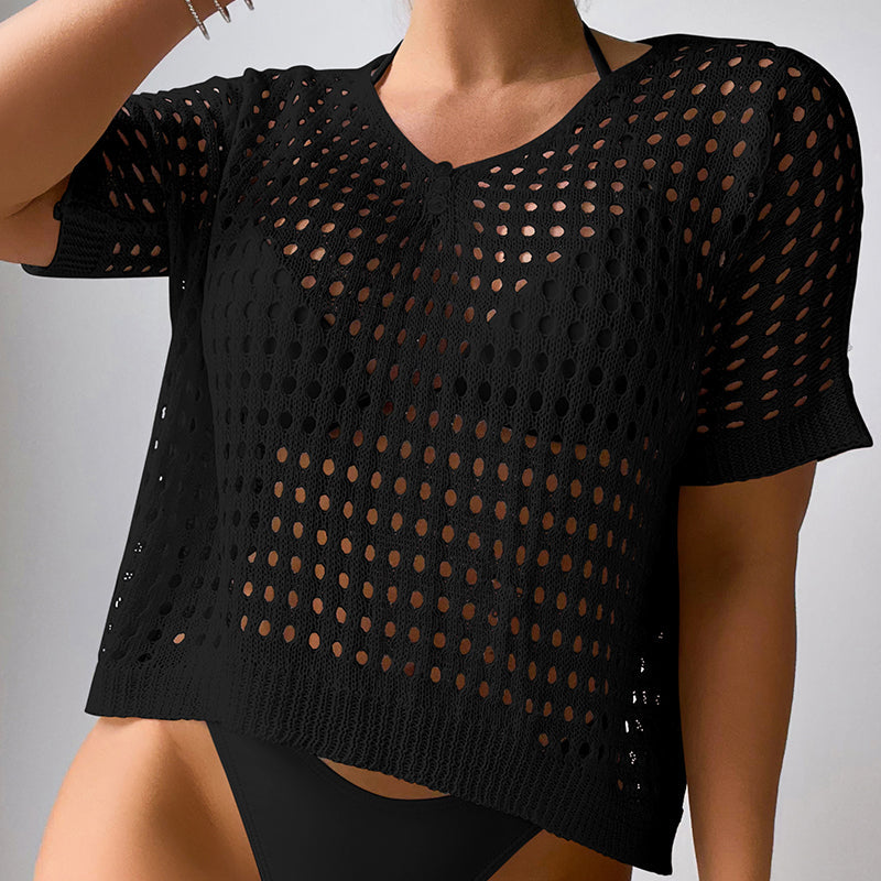 Women Hollow Out Cutout Neckline Button Loose Pullover Short Sleeve Woven Sexy Beach Blouse Crochet hook Bella Mia