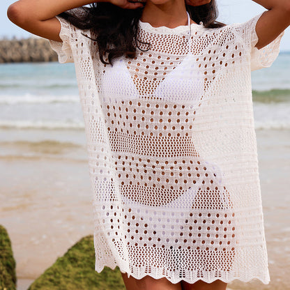 Bella Mia Sexy Hollow Out Cutout Texture Lace Collar Loose Pullover Mid Length Vacation Sun Protection Beach Blouse Crochet hook - Premium Quality Product | Fast Shipping & Returns