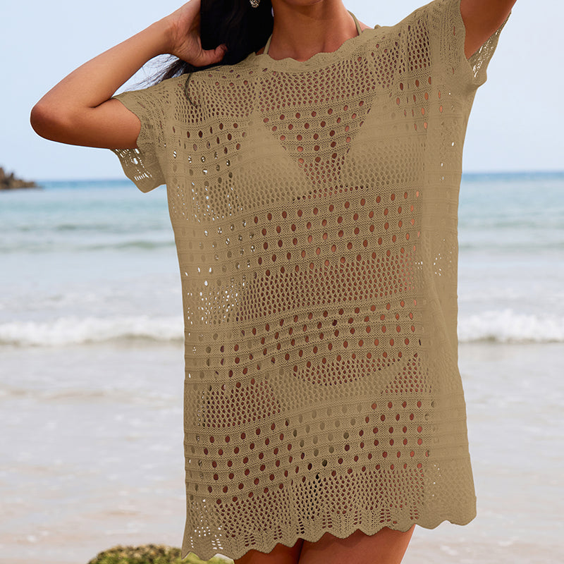 Bella Mia Sexy Hollow Out Cutout Texture Lace Collar Loose Pullover Mid Length Vacation Sun Protection Beach Blouse Crochet hook - Premium Quality Product | Fast Shipping & Returns