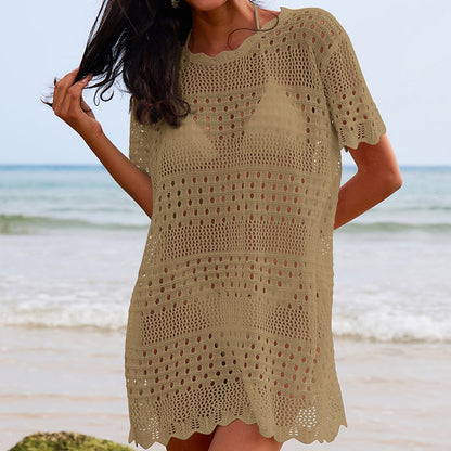 Bella Mia Sexy Hollow Out Cutout Texture Lace Collar Loose Pullover Mid Length Vacation Sun Protection Beach Blouse Crochet hook - Premium Quality Product | Fast Shipping & Returns