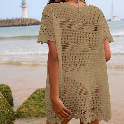 Bella Mia Sexy Hollow Out Cutout Texture Lace Collar Loose Pullover Mid Length Vacation Sun Protection Beach Blouse Crochet hook - Premium Quality Product | Fast Shipping & Returns
