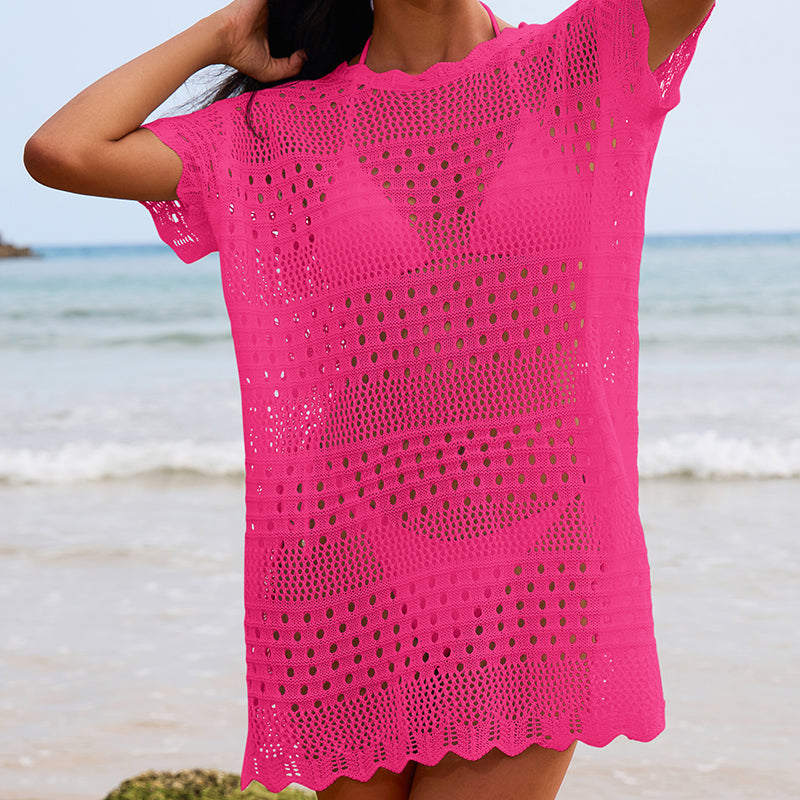 Bella Mia Sexy Hollow Out Cutout Texture Lace Collar Loose Pullover Mid Length Vacation Sun Protection Beach Blouse Crochet hook - Premium Quality Product | Fast Shipping & Returns