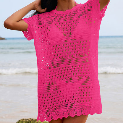 Bella Mia Sexy Hollow Out Cutout Texture Lace Collar Loose Pullover Mid Length Vacation Sun Protection Beach Blouse Crochet hook - Premium Quality Product | Fast Shipping & Returns