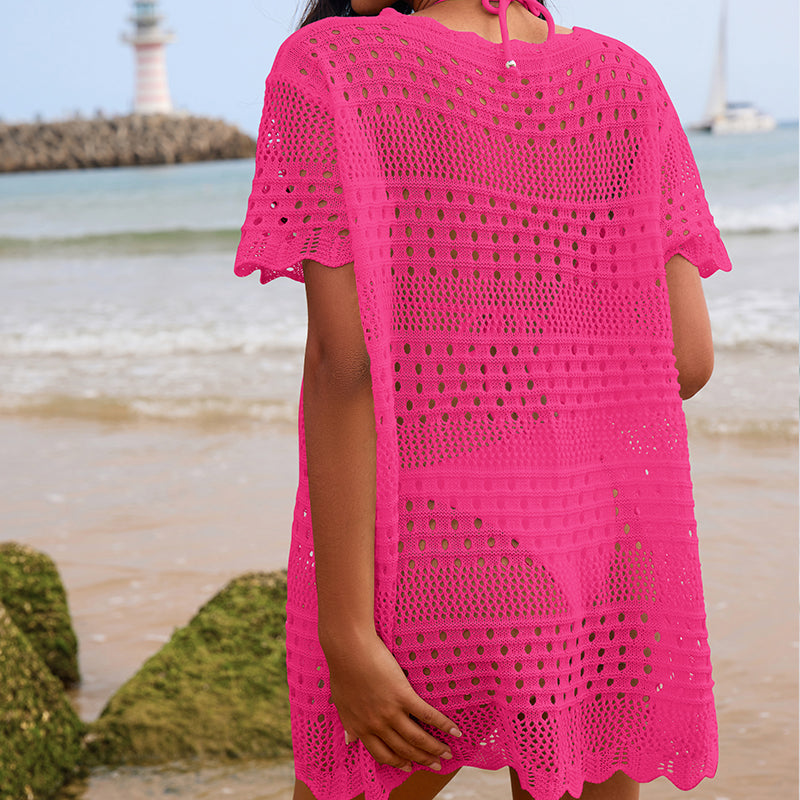 Bella Mia Sexy Hollow Out Cutout Texture Lace Collar Loose Pullover Mid Length Vacation Sun Protection Beach Blouse Crochet hook - Premium Quality Product | Fast Shipping & Returns