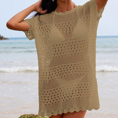 Bella Mia Sexy Hollow Out Cutout Texture Lace Collar Loose Pullover Mid Length Vacation Sun Protection Beach Blouse Crochet hook - Premium Quality Product | Fast Shipping & Returns