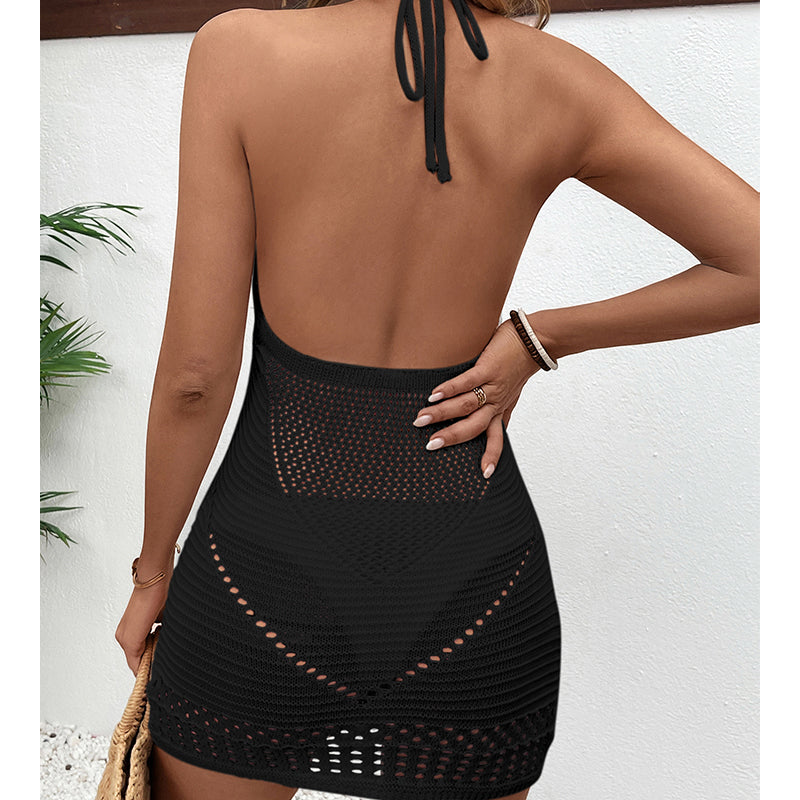 Halter Lace Up Hollow Out Cutout Out Texture Sexy Big Backless Deep U Neck Beach Dress Crochet hook Bella Mia