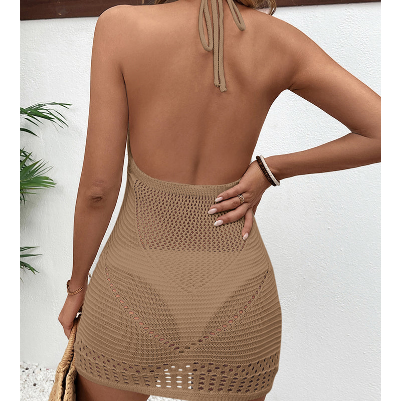 Halter Lace Up Hollow Out Cutout Out Texture Sexy Big Backless Deep U Neck Beach Dress Crochet hook Bella Mia