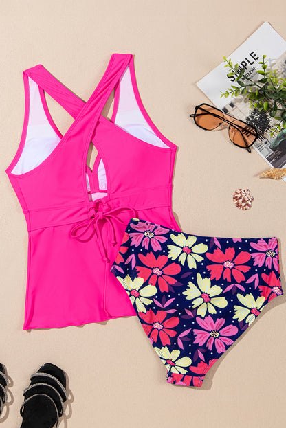 Floral Rose V Neck Two-Piece Ruffled Tankini Set