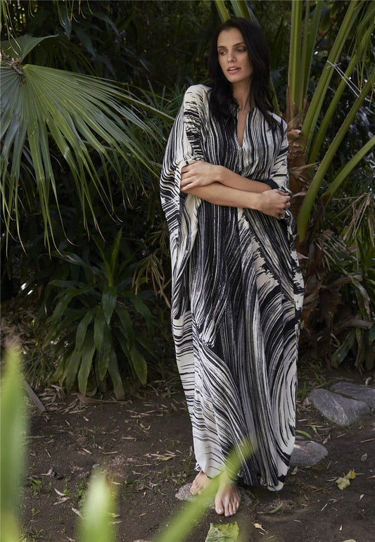 Black Line Printing Beach Cover-up Loose Maxi Dress Bikini Cover Bella Mia