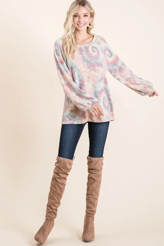 BiBi Brushed Tie Dye Print Top with Puff Sleeves - Love Salve 