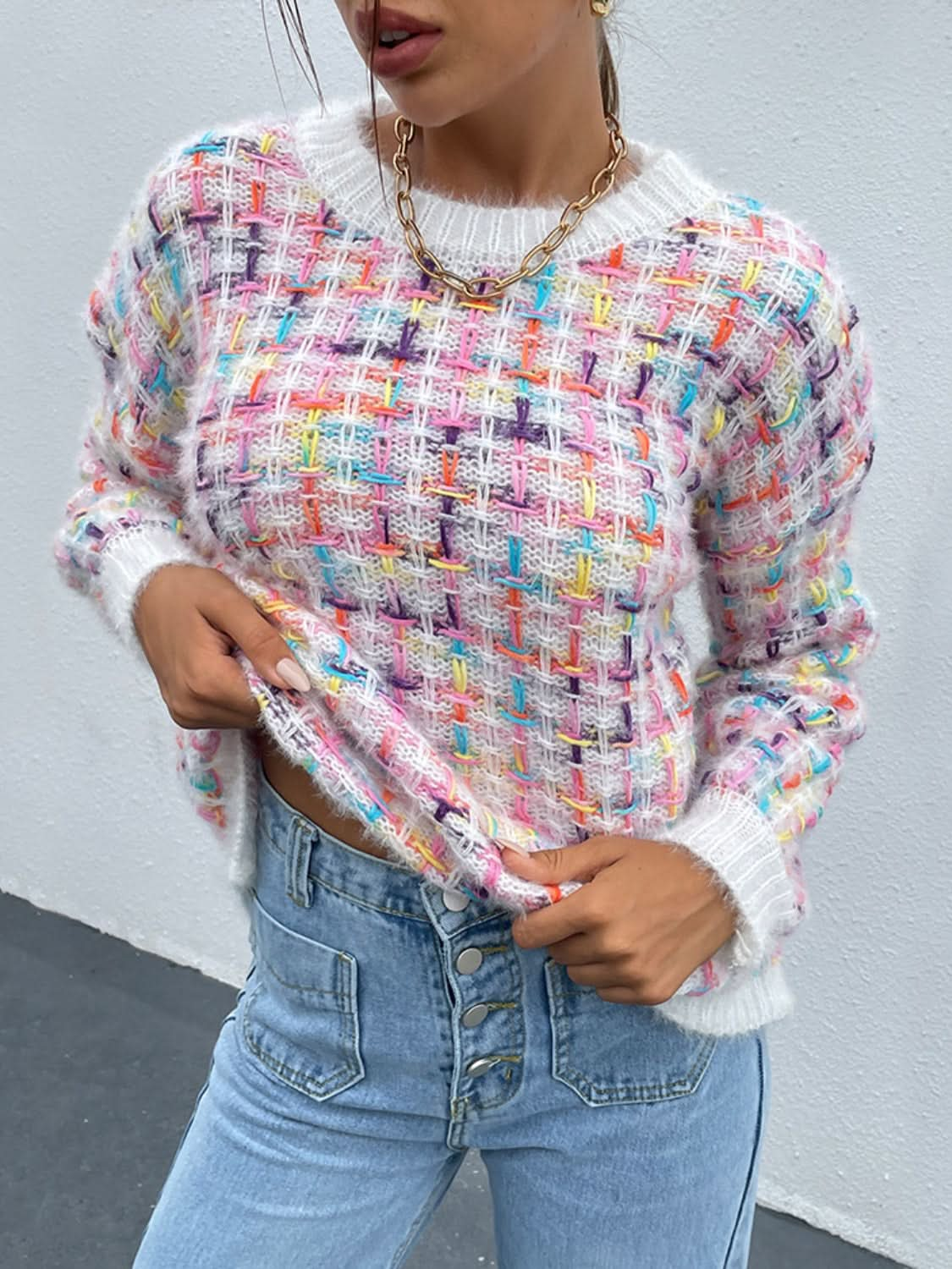 Shiny Multicolor Round Neck Dropped Shoulder Sweater