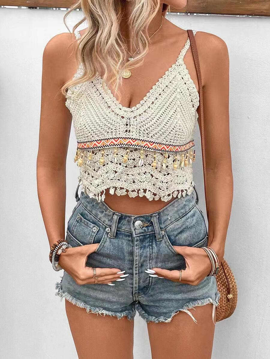 Women Hand Crocheted Halter Top With Fringe Hanging Beads Crochet hook Bella Mia