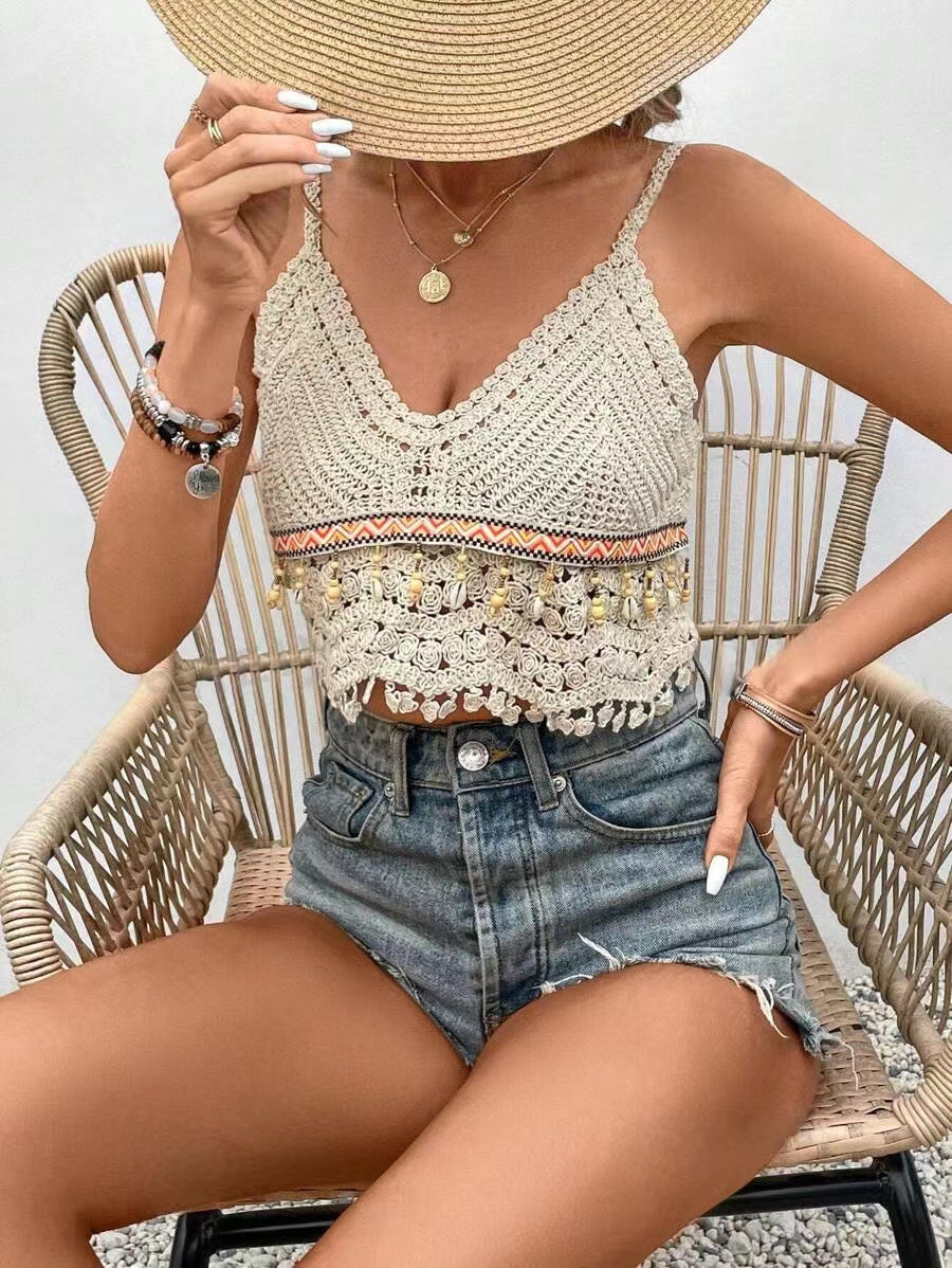 Women Hand Crocheted Halter Top With Fringe Hanging Beads Crochet hook Bella Mia